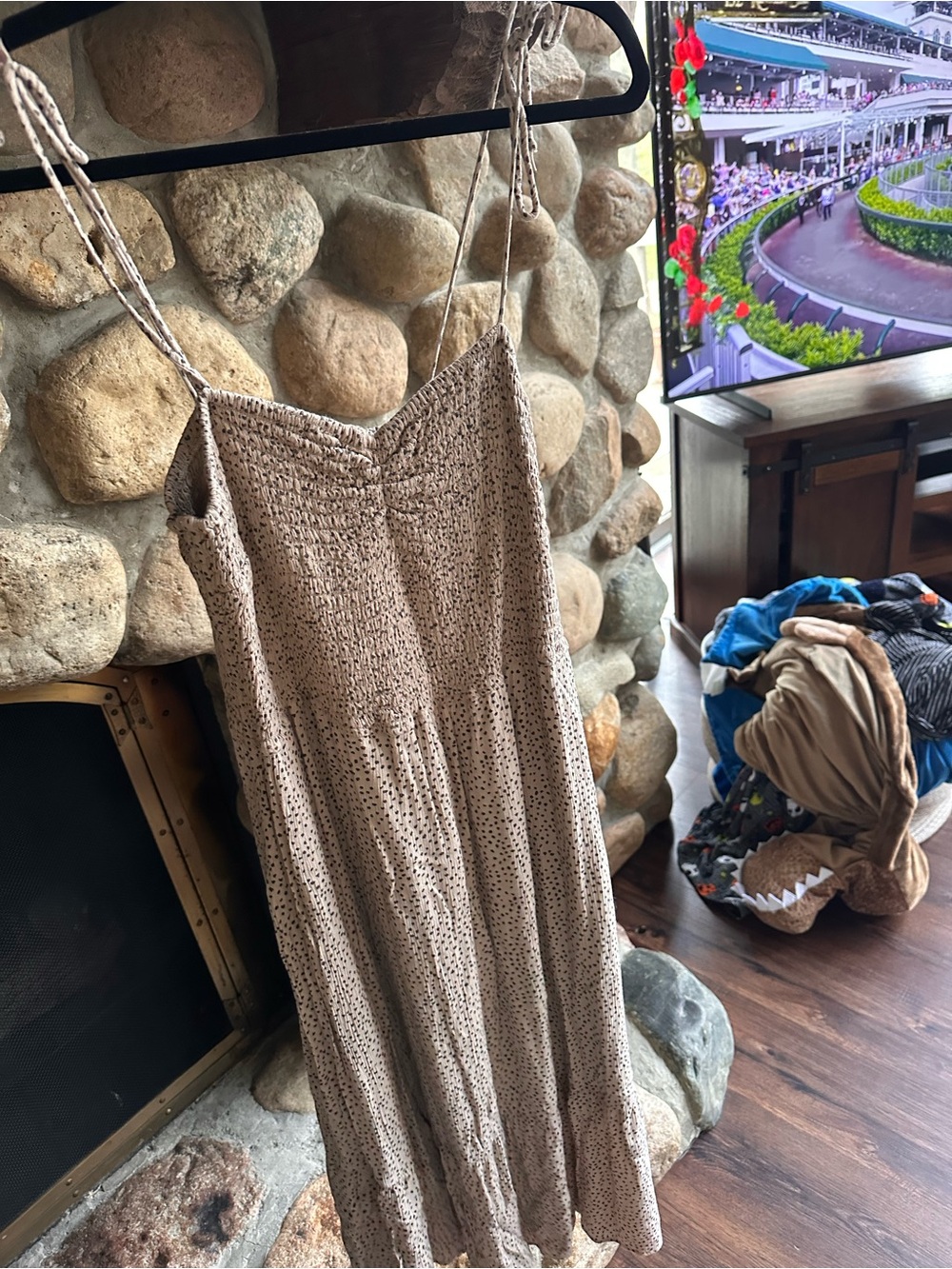 Abercrombie & Fitch Taupe Spotted Smocked-Top Midi Dress